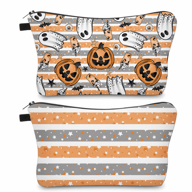 Pouch - Halloween Fall - Pumpkin Ghost Orange Grey Stripe