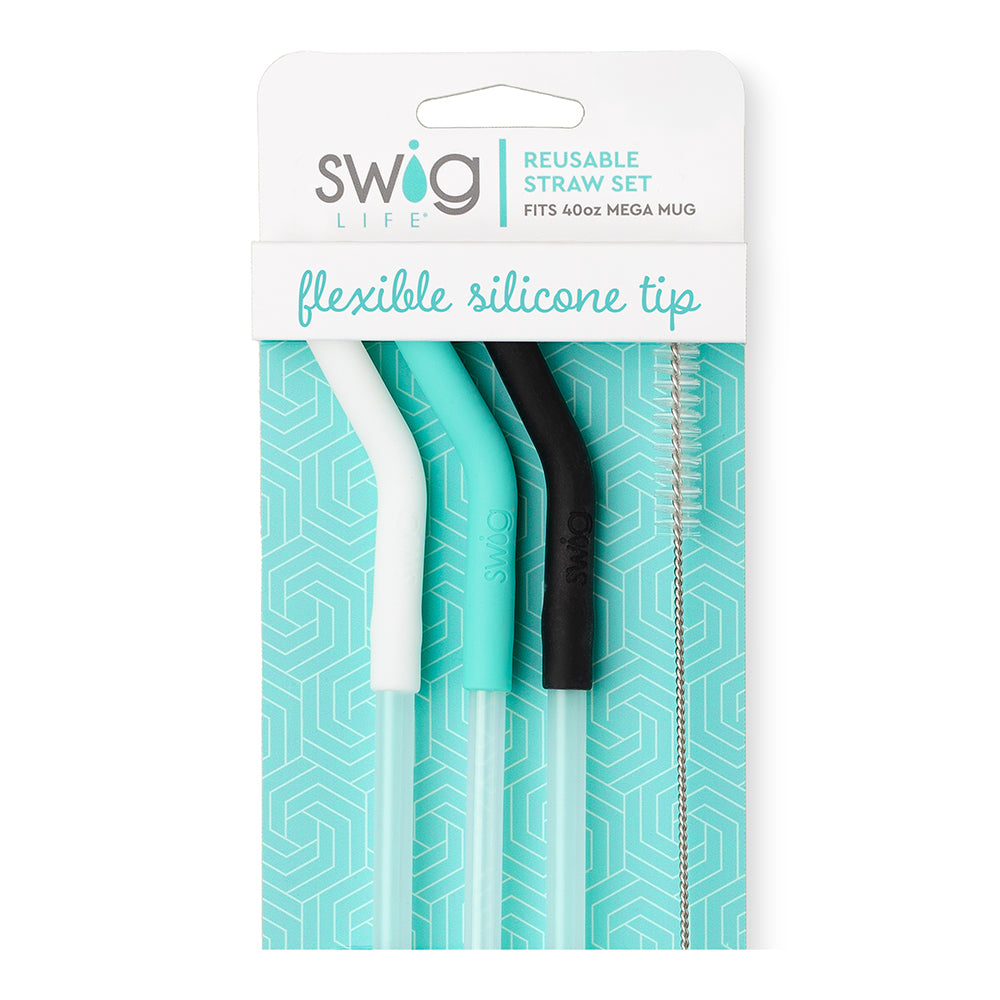 *SWIG 40oz Mega Mug - White/Aqua/Black Reusable Straw Set