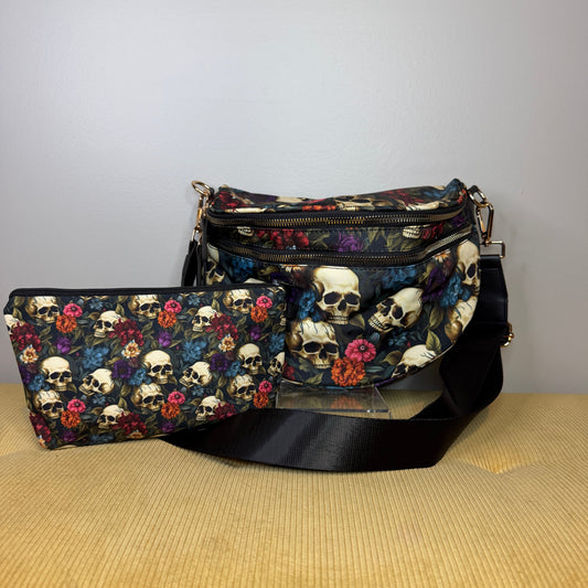 Bundled Set - Roni & Pouch - Halloween Fall Floral Skull Purple Blue Maroon