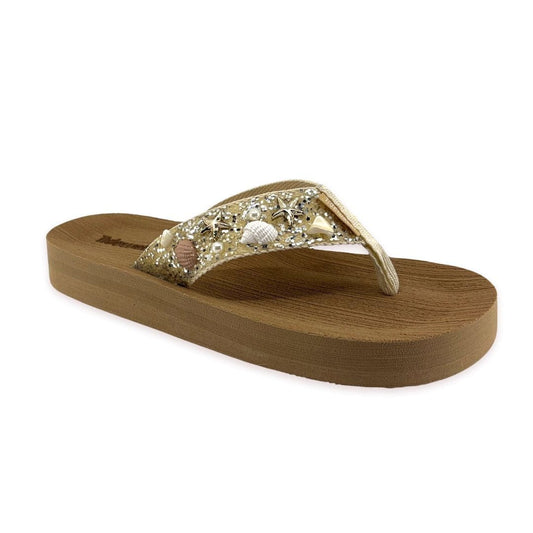 Gold flip-flop sandal with decorative seashells and beads on a wooden sole, perfect for beach weddings or summer events.