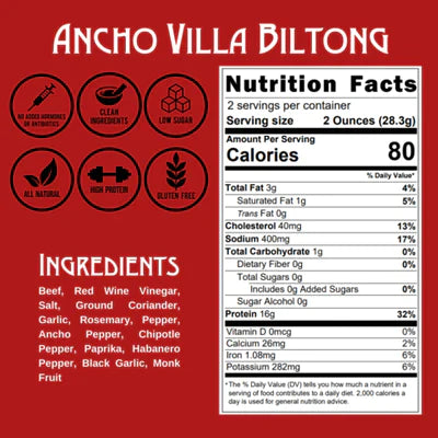 *BEEF JERKY - ANCHO VILLA BILTONG