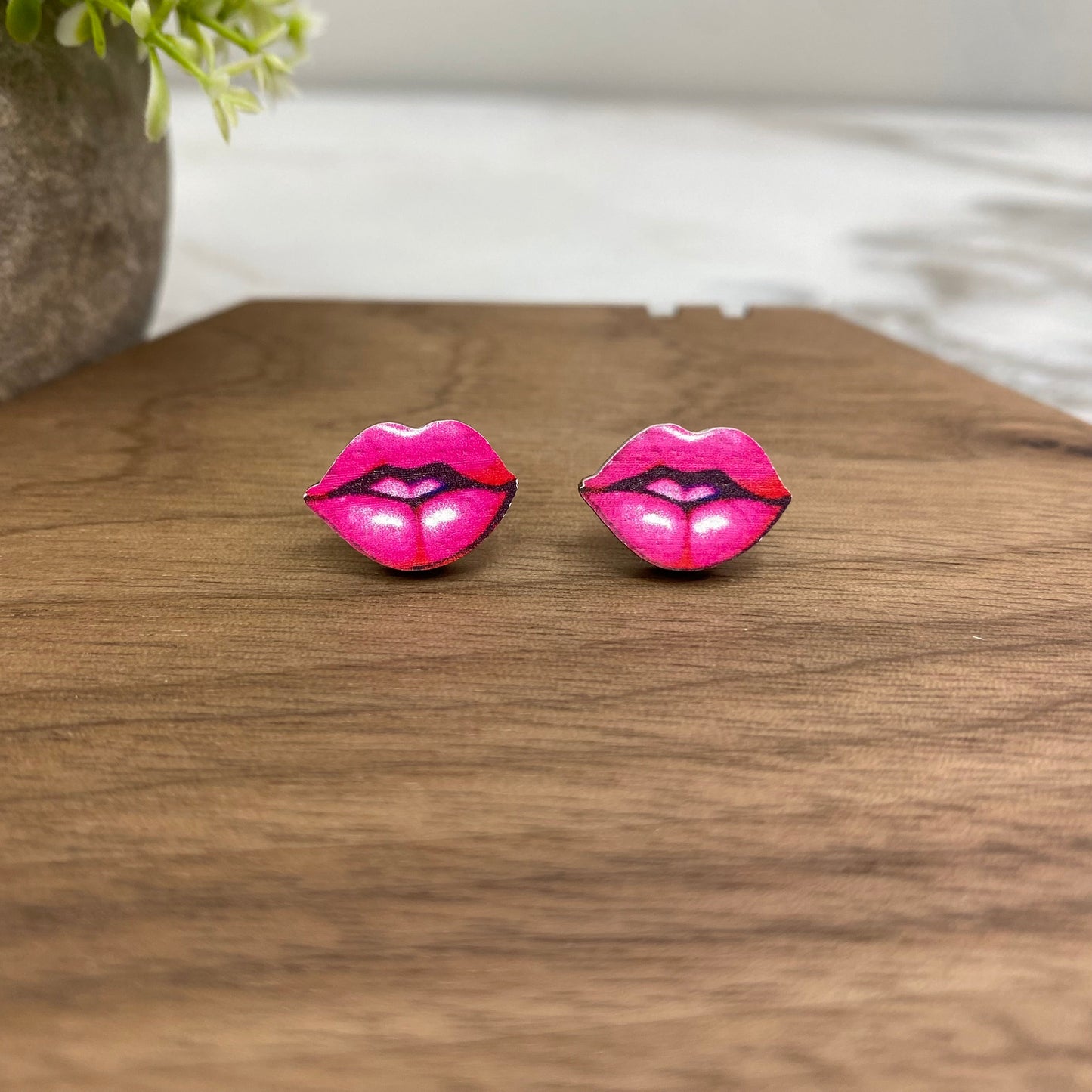 Wooden Stud Earrings - Lips - #10