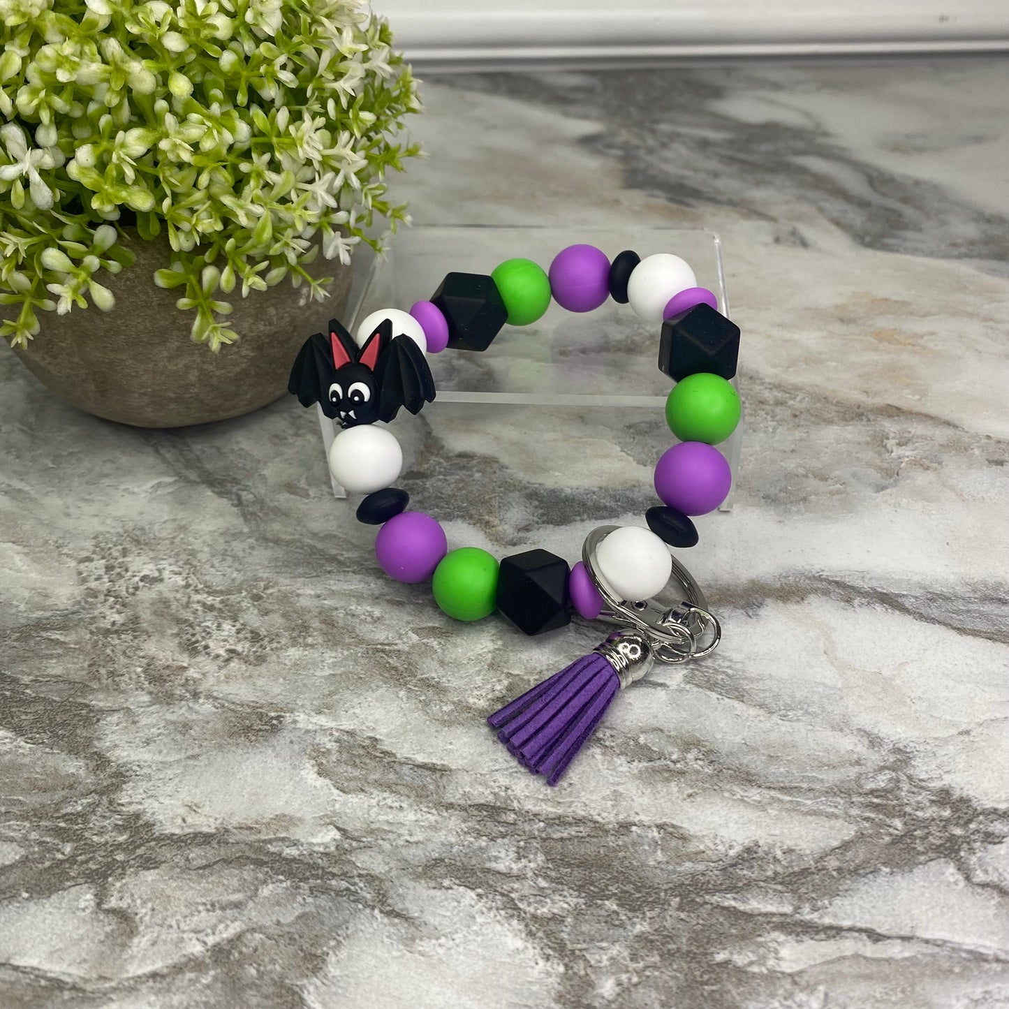 Silicone Bracelet Keychain - Halloween Green + Purple Bat