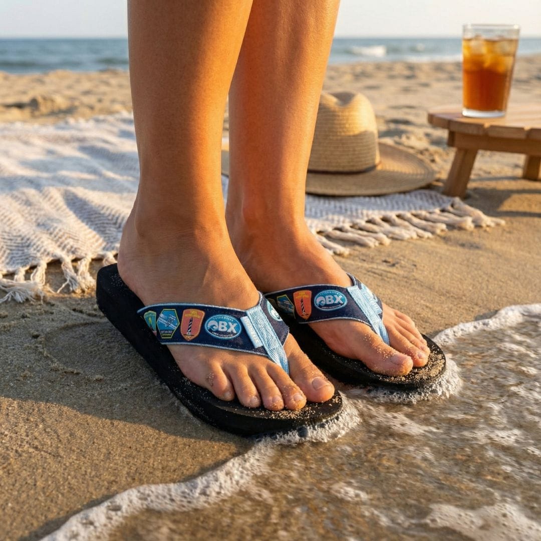 Person wearing sandals on a beach with ocean view and drink in background