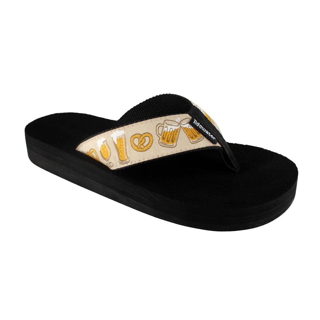 Comfortable women's flip-flops featuring a fun beer and pretzel design on the strap, perfect for casual outings.