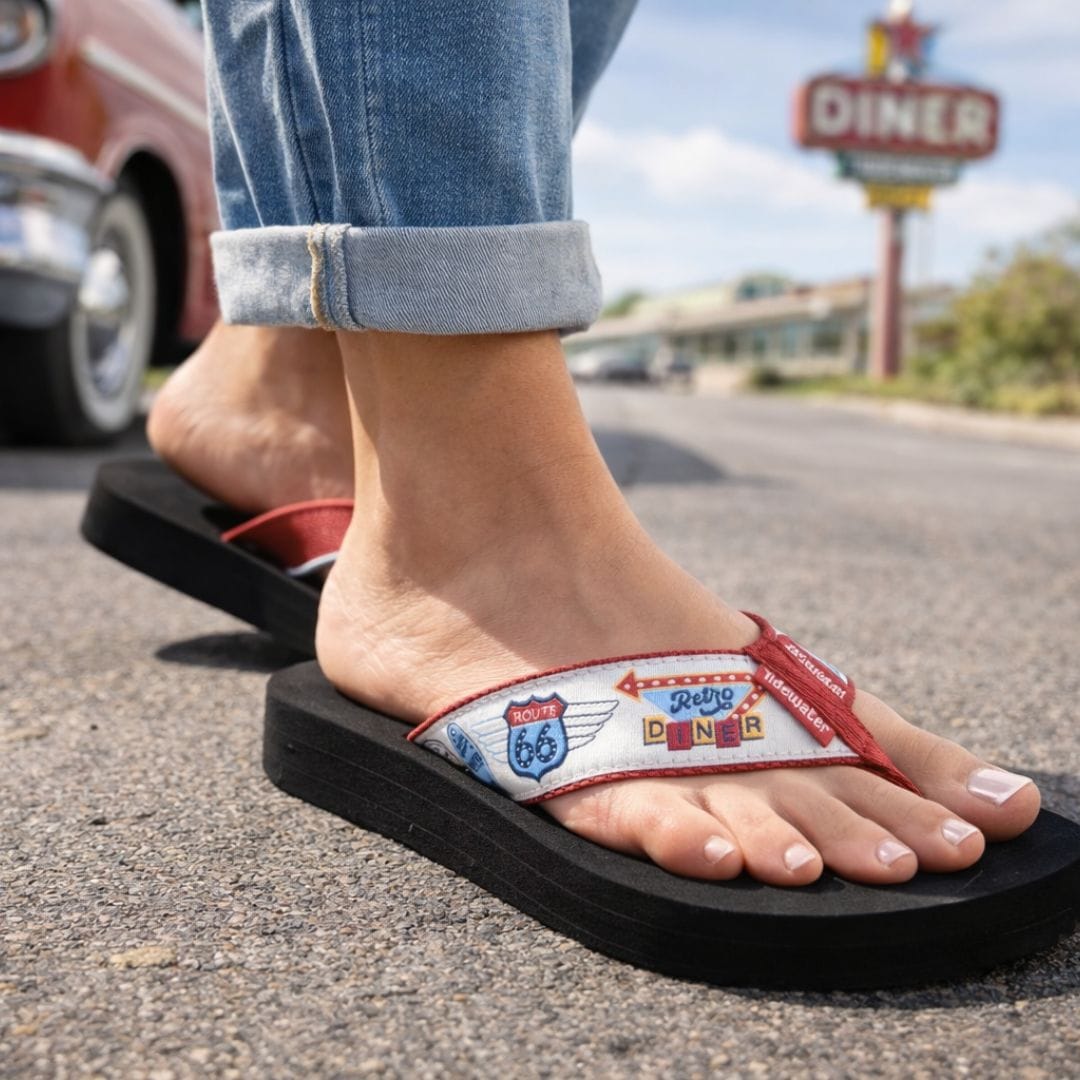 Person wearing sandals with diner-themed straps on a street with a diner sign in the background