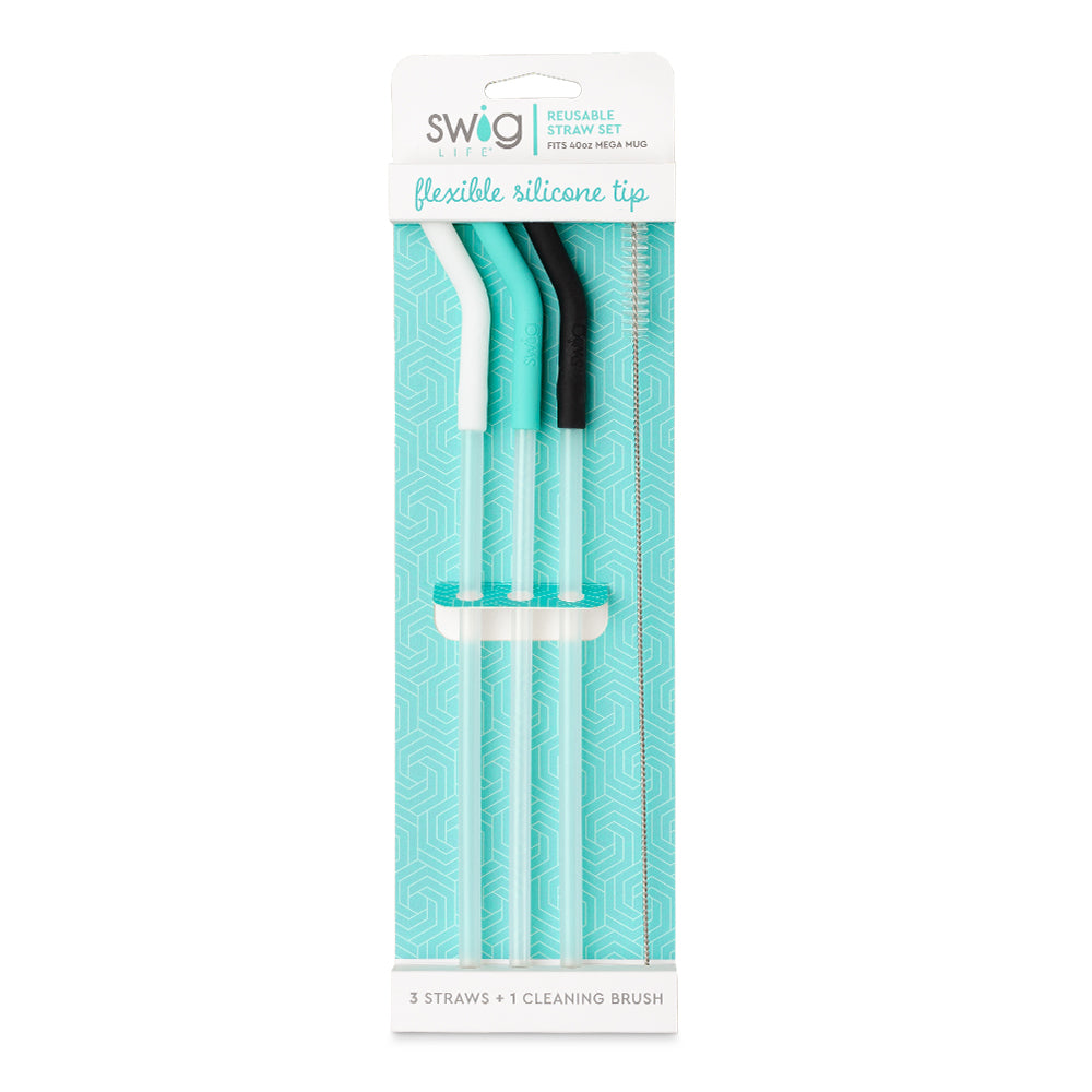 *SWIG 40oz Mega Mug - White/Aqua/Black Reusable Straw Set