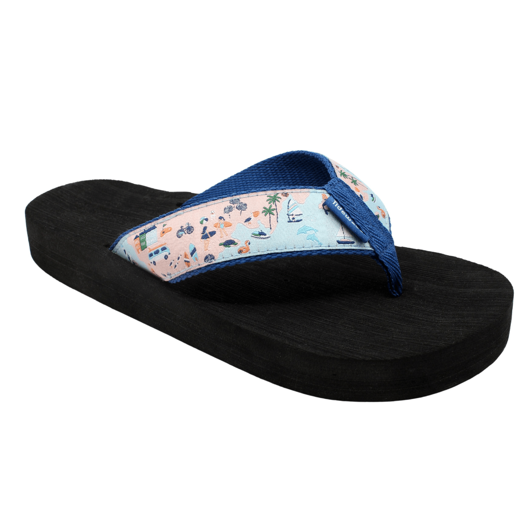 Colorful flip-flops featuring a beach-themed print and a black sole, perfect for casual summer outings.