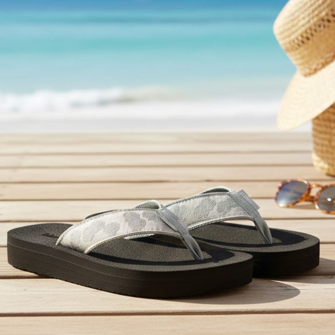 Gray flip-flops on a wooden surface with a beach background